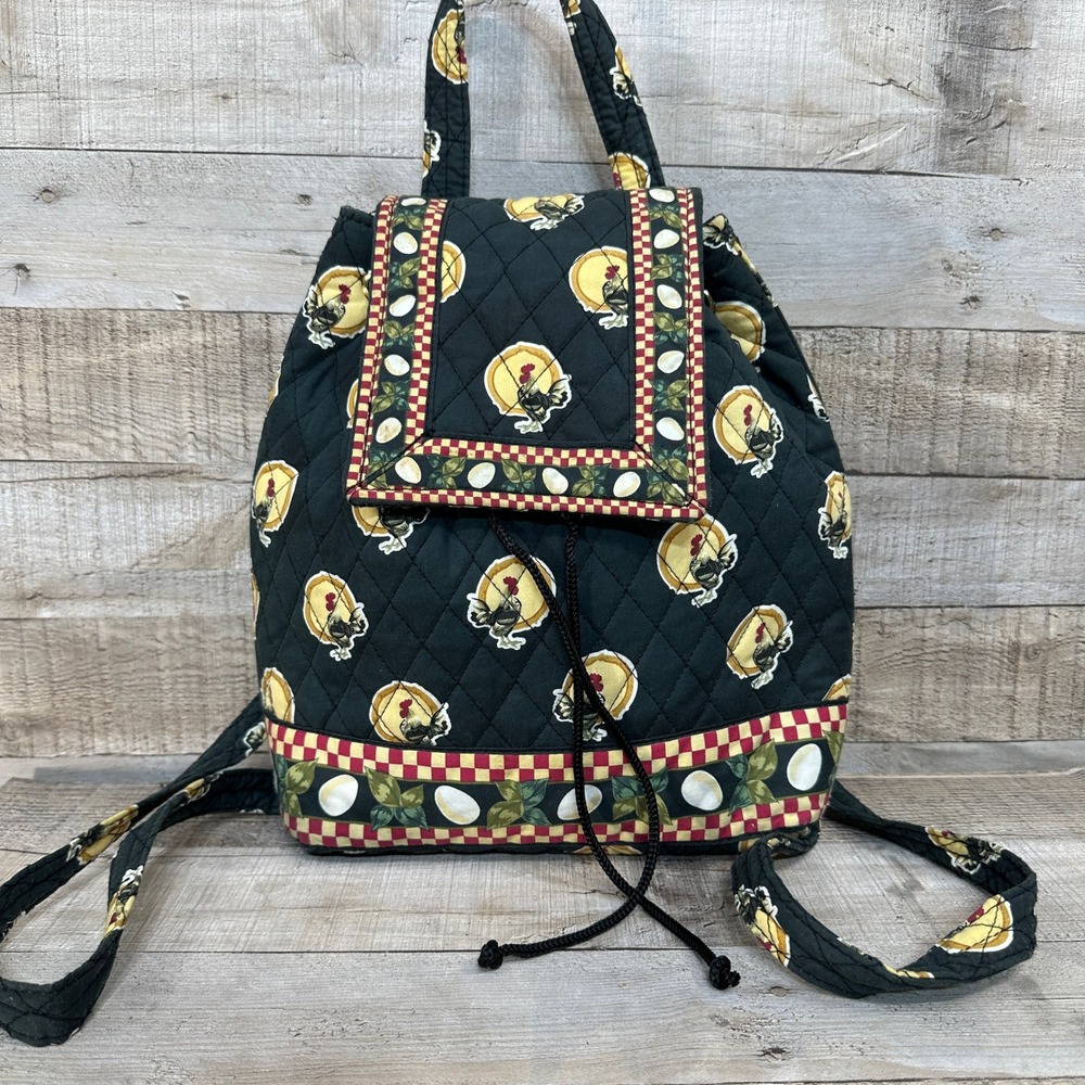Americana by Sharif Vintage Quilted Backpack Black Rooster Chicken Egg Print 80s